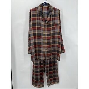 100% Pure Mulberry Silk Pajama Sleepwear Set Long Sleeves US M Plaid Gold Piping